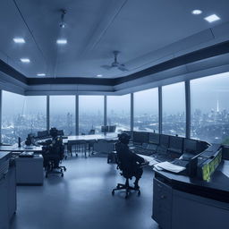 In broad daylight, the penthouse office of the SWAT Control Room, featuring panoramic glass walls which provide an extensive view of the bustling city.