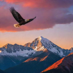 A breathtaking mountain landscape at sunset with popping colors and a lone eagle soaring high in the sky.