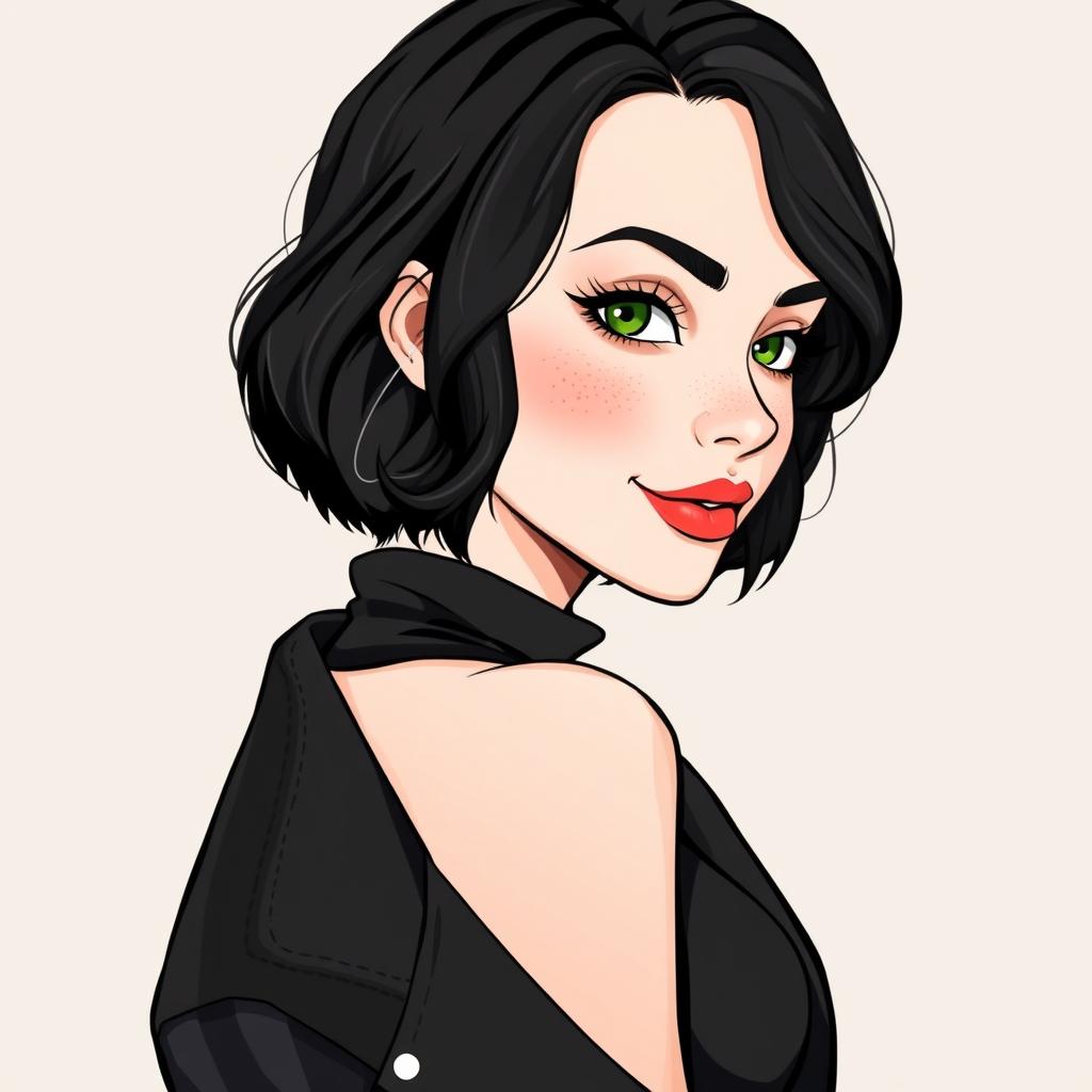 An illustration of a woman turned slightly to the side, featuring short wavy bob hairstyle in black