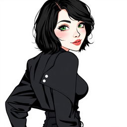 An illustration of a woman turned slightly to the side, featuring short wavy bob hairstyle in black