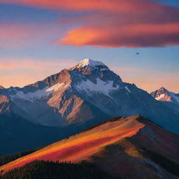 A breathtaking mountain landscape at sunset with popping colors and a lone eagle soaring high in the sky.