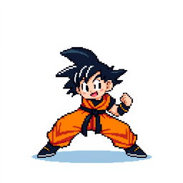 A classic 8-bit pixel art depiction of Goku from Dragon Ball Z, showcasing his famous spiky black hair, bright orange gi, and iconic martial arts pose