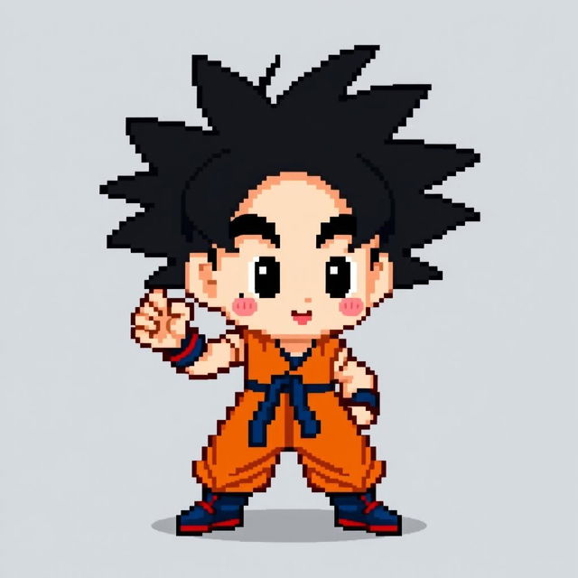 A classic 8-bit pixel art depiction of Goku from Dragon Ball Z, showcasing his famous spiky black hair, bright orange gi, and iconic martial arts pose