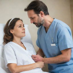 A compassionate woman in a nurse outfit, caring tenderly for a sick man in a hospital room, their eyes meeting in a silent expression of deep love.