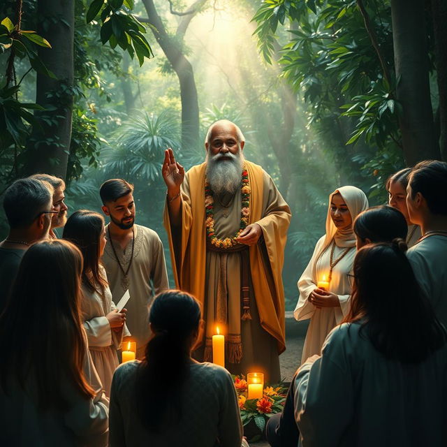 A harmonious gathering depicting Mestre Irineu, the founder of the Santo Daime tradition, surrounded by followers in a lush forest setting