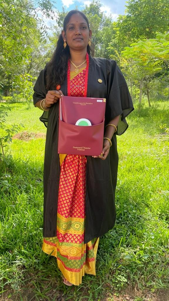 A confident woman in a traditional Indian saree adorned with beautiful patterns, standing in a lush green garden