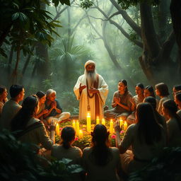 A harmonious gathering depicting Mestre Irineu, the founder of the Santo Daime tradition, surrounded by followers in a lush forest setting