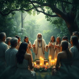 A harmonious gathering depicting Mestre Irineu, the founder of the Santo Daime tradition, surrounded by followers in a lush forest setting