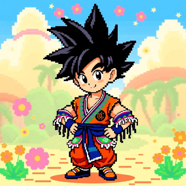 A vibrant 8-bit pixel art illustration of Goku from Dragon Ball Z dressed in a flamengo outfit, featuring traditional Brazilian dance attire with bright colors and patterns