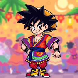 A vibrant 8-bit pixel art illustration of Goku from Dragon Ball Z dressed in a flamengo outfit, featuring traditional Brazilian dance attire with bright colors and patterns