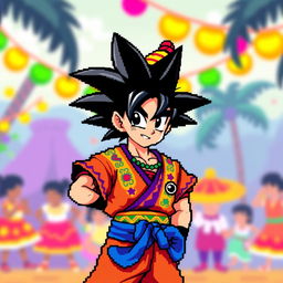 A vibrant 8-bit pixel art illustration of Goku from Dragon Ball Z dressed in a flamengo outfit, featuring traditional Brazilian dance attire with bright colors and patterns