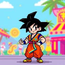 A vibrant 8-bit pixel art illustration of Goku from Dragon Ball Z dressed in a flamengo outfit, featuring traditional Brazilian dance attire with bright colors and patterns