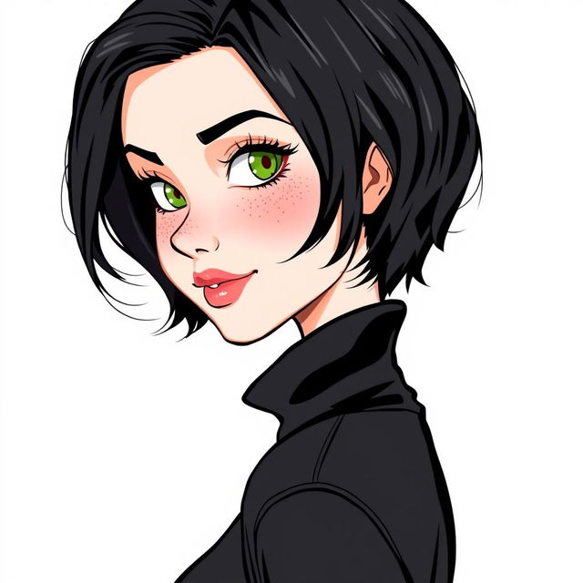 An illustration of a woman turned slightly to the side, featuring short wavy bob hairstyle in black