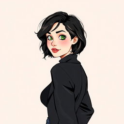 An illustration of a woman turned slightly to the side, featuring short wavy bob hairstyle in black