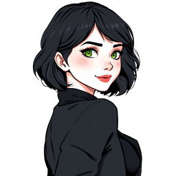 An illustration of a woman turned slightly to the side, featuring short wavy bob hairstyle in black