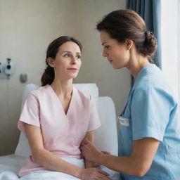 A compassionate woman in a nurse outfit, caring tenderly for a sick man in a hospital room, their eyes meeting in a silent expression of deep love.