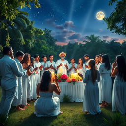 A vibrant Santo Daime ceremony depicted outdoors in a beautiful natural setting under a starry sky