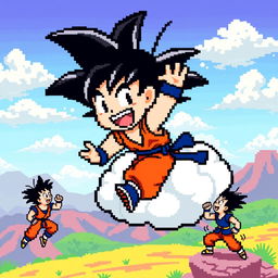 A lively 8-bit pixel art scene of Goku from Dragon Ball Z engaging in playful activities, such as flying on his Nimbus cloud or sparring with a friend