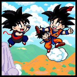 A lively 8-bit pixel art scene of Goku from Dragon Ball Z engaging in playful activities, such as flying on his Nimbus cloud or sparring with a friend