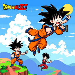 A lively 8-bit pixel art scene of Goku from Dragon Ball Z engaging in playful activities, such as flying on his Nimbus cloud or sparring with a friend