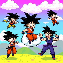 A lively 8-bit pixel art scene of Goku from Dragon Ball Z engaging in playful activities, such as flying on his Nimbus cloud or sparring with a friend