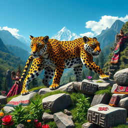 A majestic Jaguar, symbolizing the power of the Xama Andino, depicted in a mystical Andean landscape