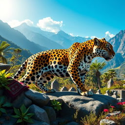 A majestic Jaguar, symbolizing the power of the Xama Andino, depicted in a mystical Andean landscape