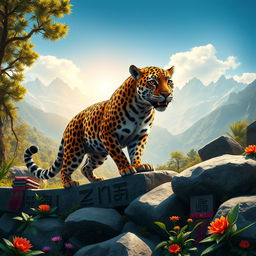 A majestic Jaguar, symbolizing the power of the Xama Andino, depicted in a mystical Andean landscape