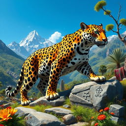 A majestic Jaguar, symbolizing the power of the Xama Andino, depicted in a mystical Andean landscape