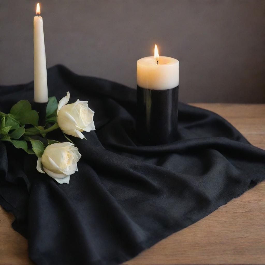 A solemn condolence scene featuring a black mourning cloth, a burning candle, and flowers.