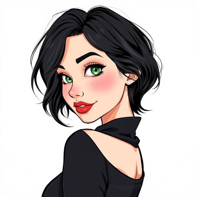 An illustration of a woman turned slightly to the side, featuring a short wavy bob hairstyle in black