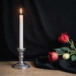 A solemn condolence scene featuring a black mourning cloth, a burning candle, and flowers.