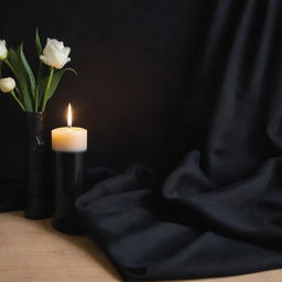 A solemn condolence scene featuring a black mourning cloth, a burning candle, and flowers.