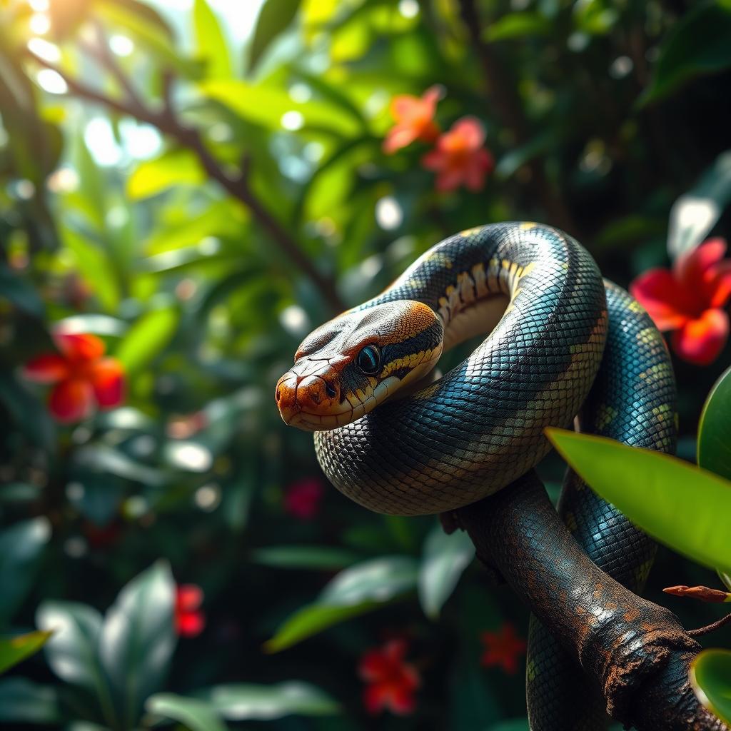 A vivid close-up of a venomous snake coiled on a branch in a lush tropical rainforest