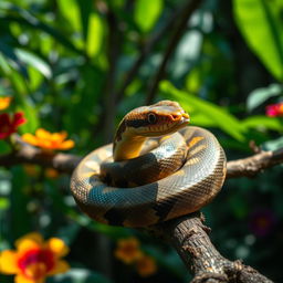 A vivid close-up of a venomous snake coiled on a branch in a lush tropical rainforest