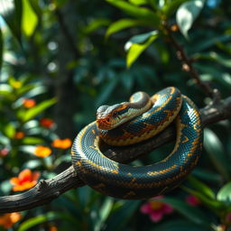 A vivid close-up of a venomous snake coiled on a branch in a lush tropical rainforest