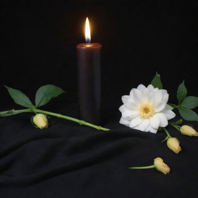 A solemn condolence scene featuring a black mourning cloth, a burning candle, and flowers.