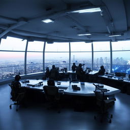 In broad daylight, the penthouse office of the SWAT Control Room, featuring panoramic glass walls which provide an extensive view of the bustling city.