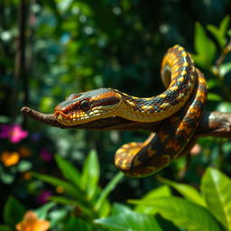 A vivid close-up of a venomous snake coiled on a branch in a lush tropical rainforest