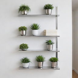 A sleek, polished set of stainless steel shelves mounted on a pure white wall, each shelf lined with a variety of books, decorative plants, and elegant knick-knacks.