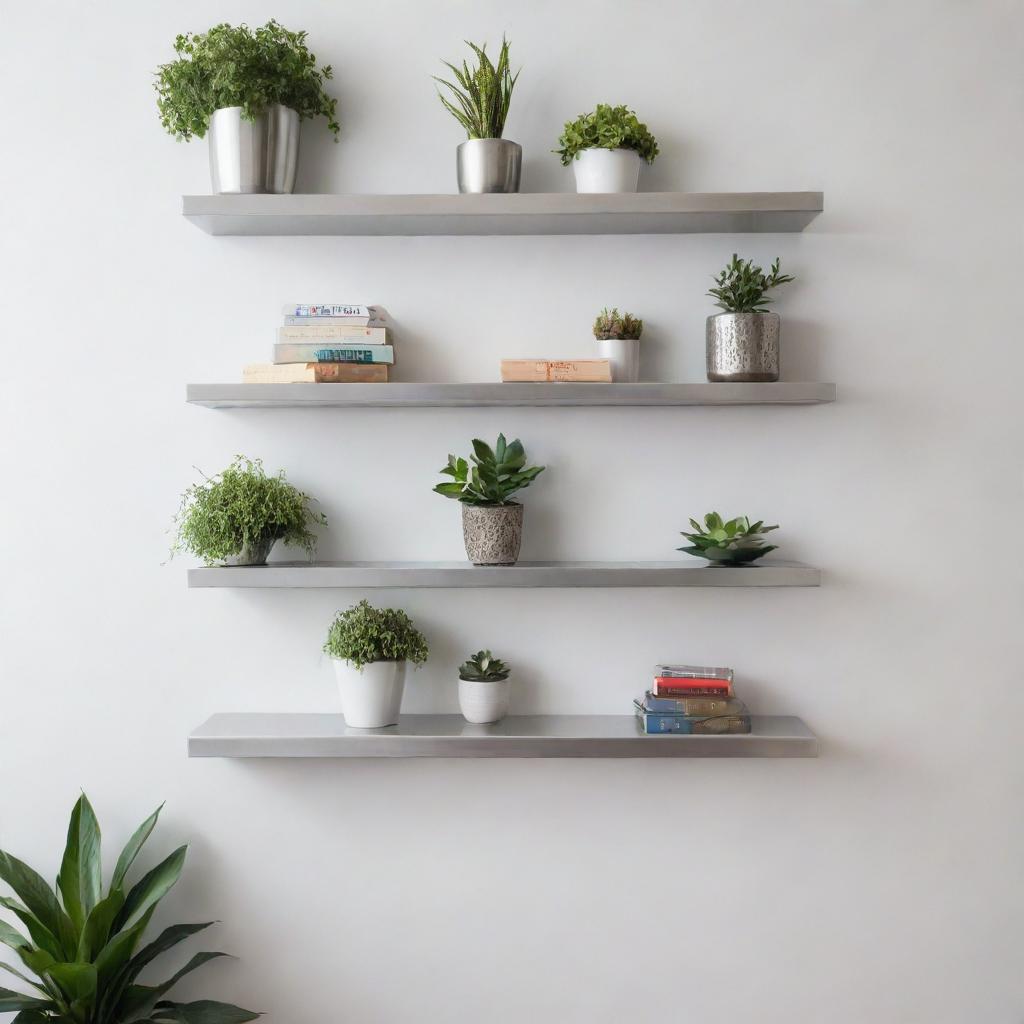 A sleek, polished set of stainless steel shelves mounted on a pure white wall, each shelf lined with a variety of books, decorative plants, and elegant knick-knacks.