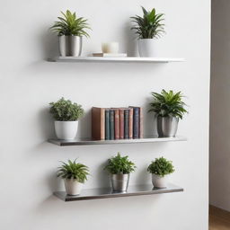 A sleek, polished set of stainless steel shelves mounted on a pure white wall, each shelf lined with a variety of books, decorative plants, and elegant knick-knacks.