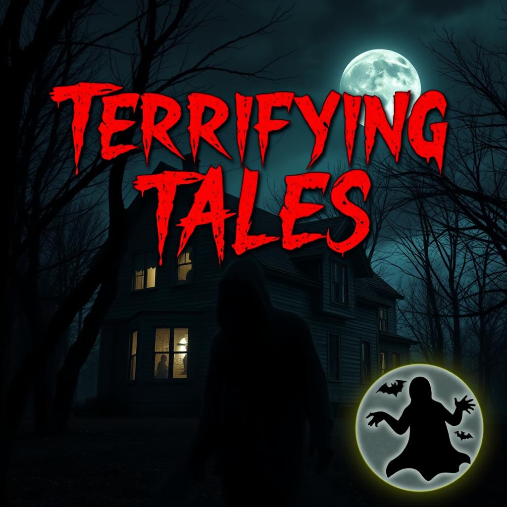 A captivating and spooky YouTube thumbnail featuring a haunted house under a full moon, surrounded by dark, ominous trees