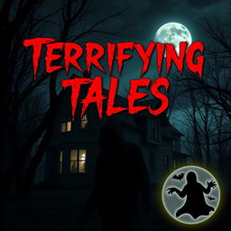 A captivating and spooky YouTube thumbnail featuring a haunted house under a full moon, surrounded by dark, ominous trees