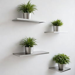 A sleek, polished set of stainless steel shelves mounted on a pure white wall, each shelf lined with a variety of books, decorative plants, and elegant knick-knacks.