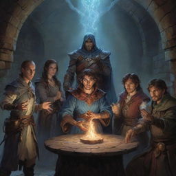 Six mages, each distinct in their magical essence, caught in a heart-stopping encounter inside a dungeon filled with mystical elements and perilous traps typically found in the world of Dungeons and Dragons.