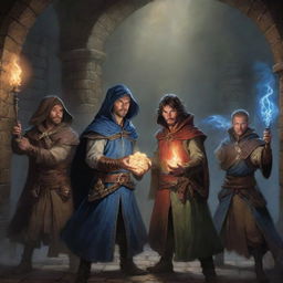 Six mages, each distinct in their magical essence, caught in a heart-stopping encounter inside a dungeon filled with mystical elements and perilous traps typically found in the world of Dungeons and Dragons.