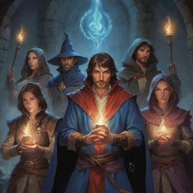 Six mages, each distinct in their magical essence, caught in a heart-stopping encounter inside a dungeon filled with mystical elements and perilous traps typically found in the world of Dungeons and Dragons.