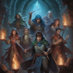 Six mages, each distinct in their magical essence, caught in a heart-stopping encounter inside a dungeon filled with mystical elements and perilous traps typically found in the world of Dungeons and Dragons.