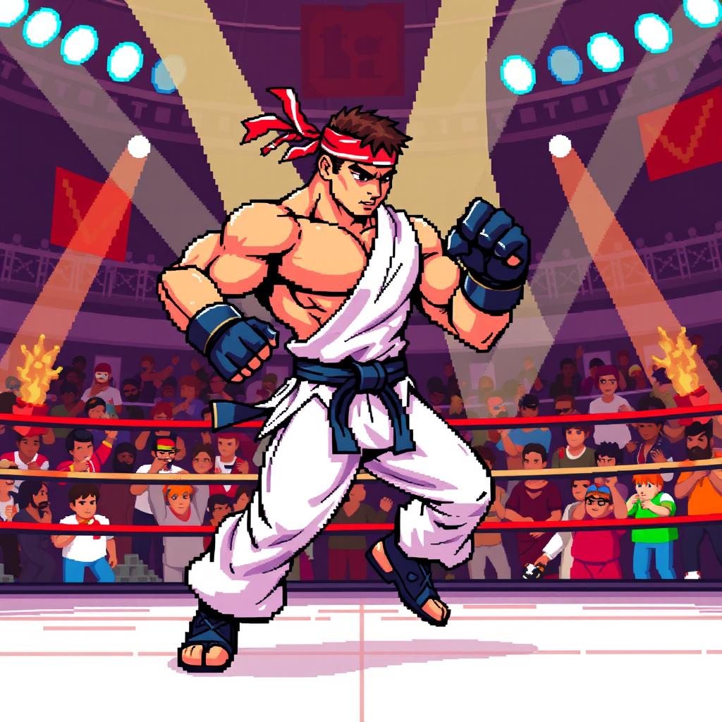 An exciting 8-bit pixel art scene featuring a generic fighter character in a dynamic combat pose